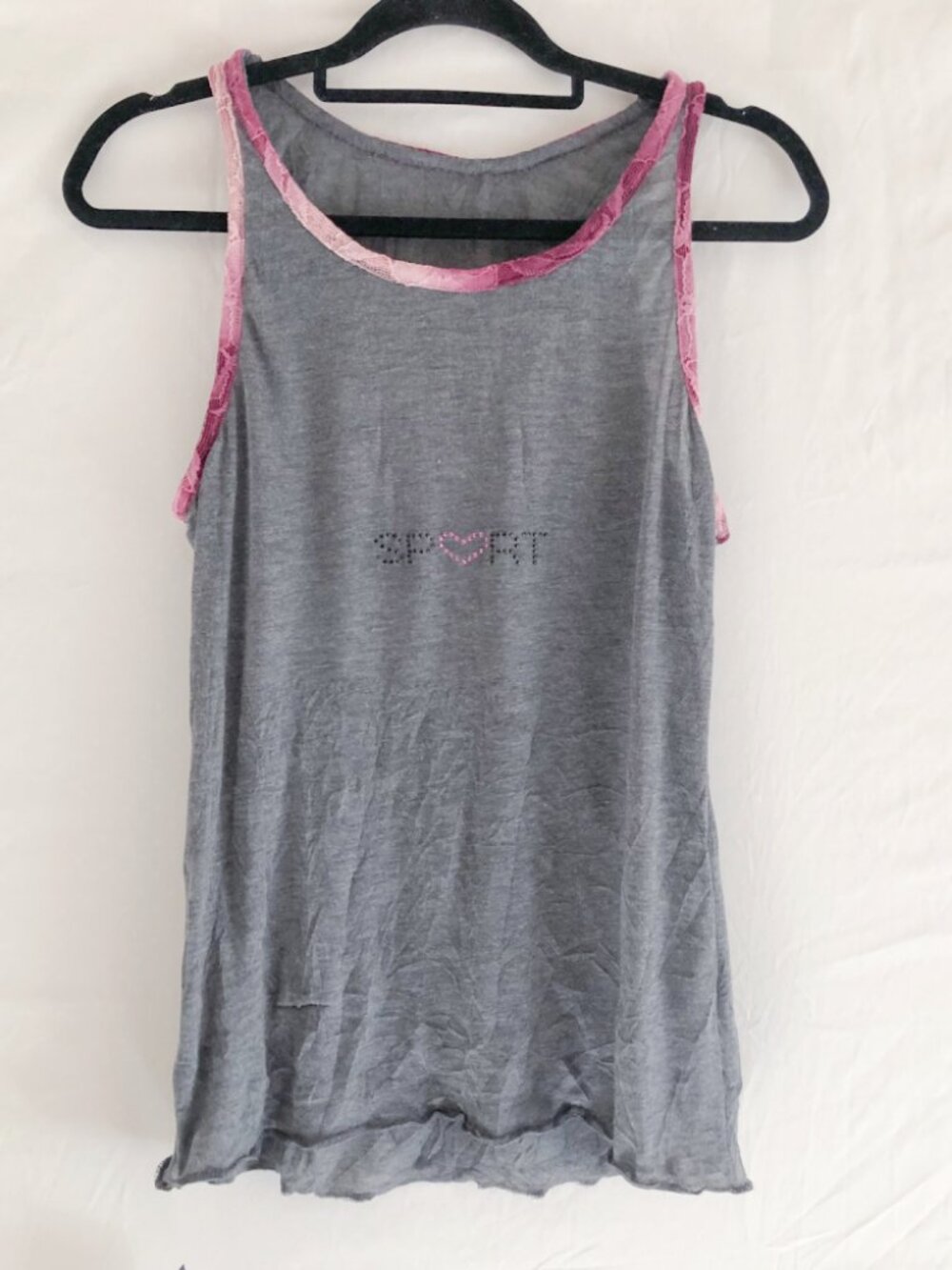 Vintage Carushka "Bardot Beater" Lace Trim Tank Top Charcoal Gray